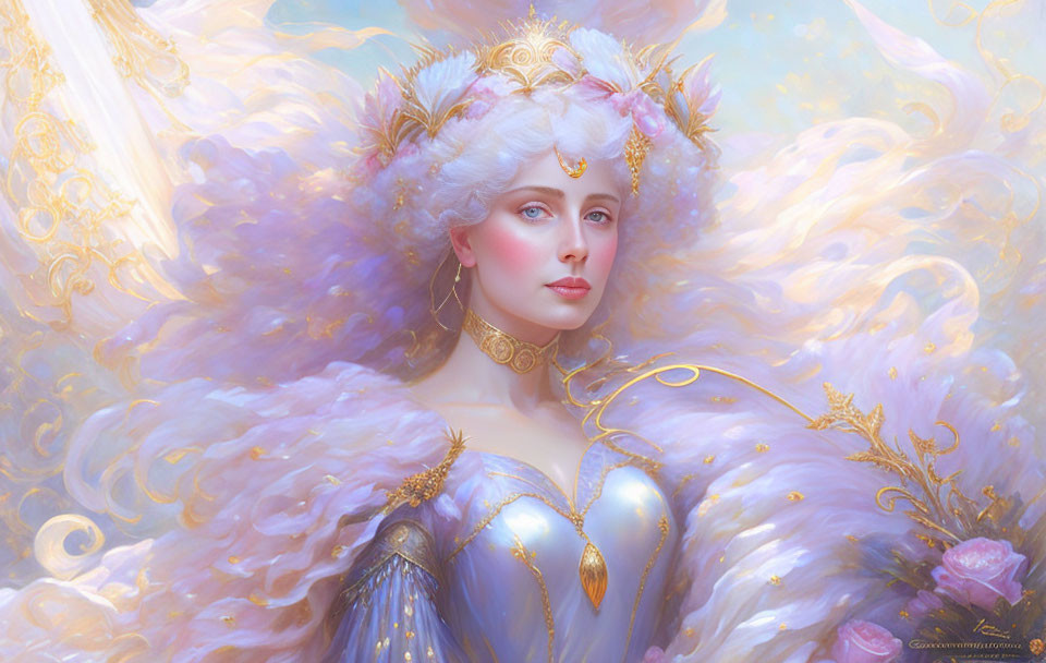 Ethereal woman in golden crown and pastel feathery attire