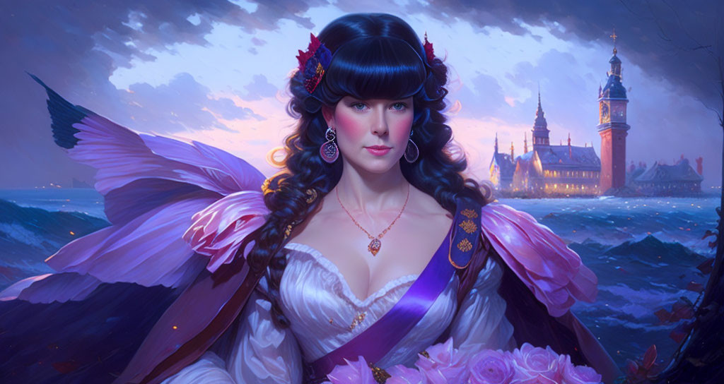 Digital painting of woman in purple dress with wing-like adornments, holding flowers, castle backdrop at dusk