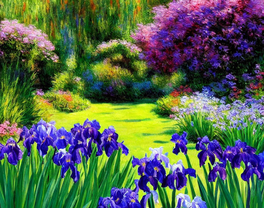 Lush Purple Irises in Vibrant Garden