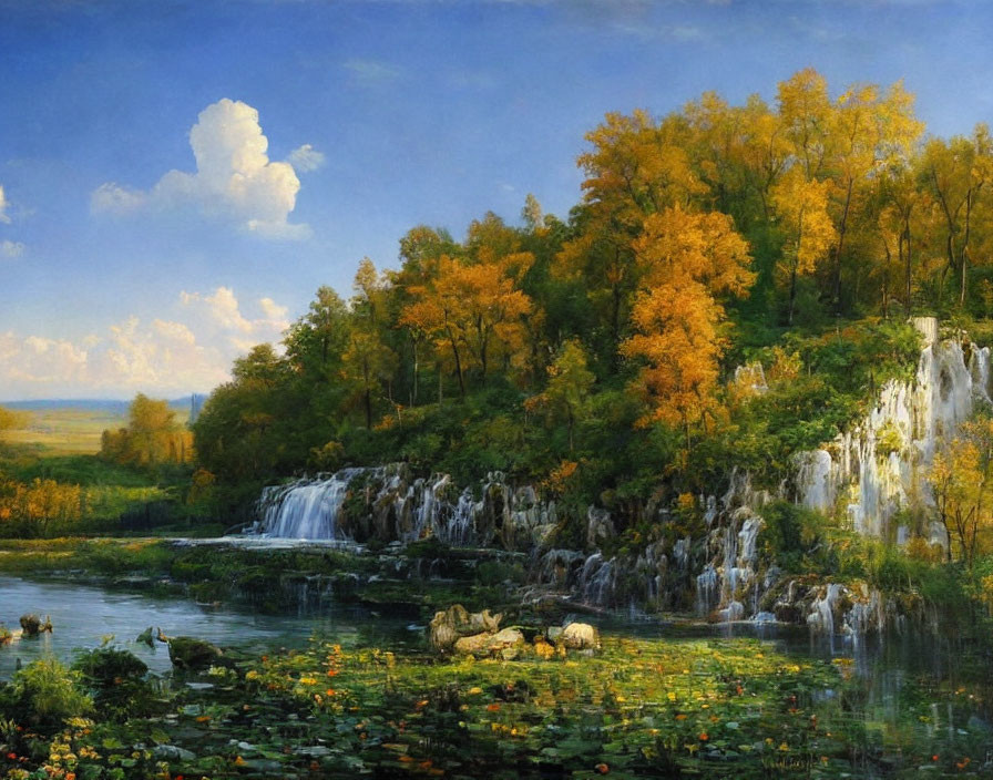 Tranquil landscape: waterfall, autumn trees, river with water lilies, blue sky