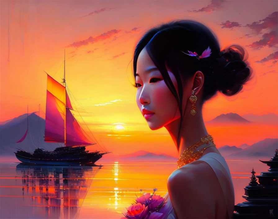 Ornately styled woman admiring sunset seascape