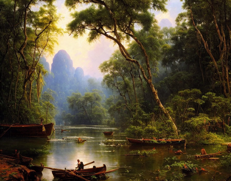 Traditional clothing river scene with boats and cliffs