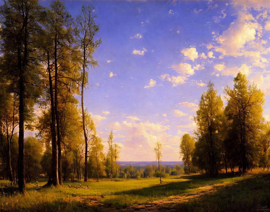 Tranquil landscape with tall trees, blue sky, clouds, and sunny meadow