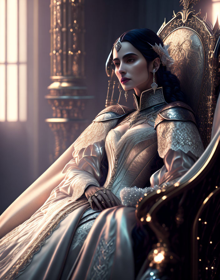 Regal woman in medieval attire on throne exudes authority