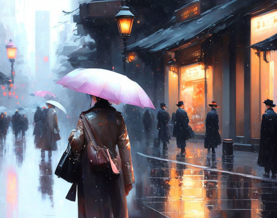 Person with pink umbrella walks on rainy street past traditional buildings.