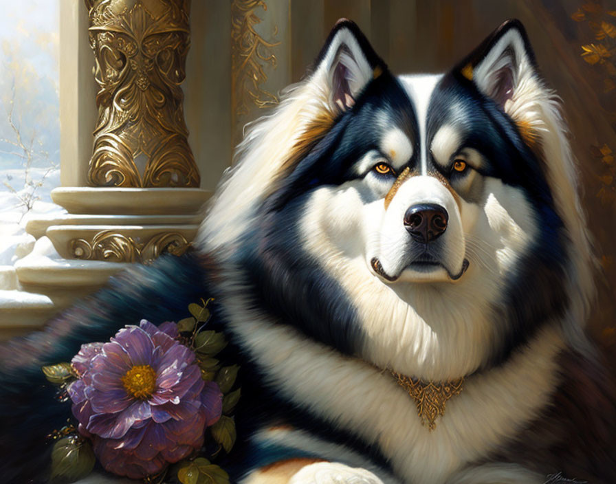 Regal Alaskan Malamute with Blue Eyes and Gold Necklace Beside Flowers and Column