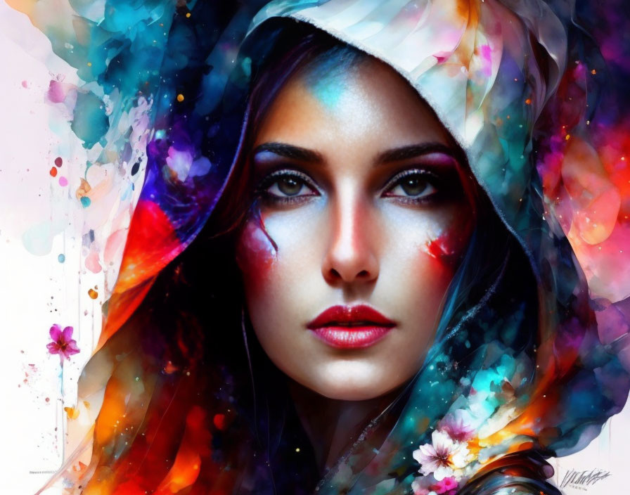 Colorful abstract digital art portrait of a woman with intense eyes and floral elements.