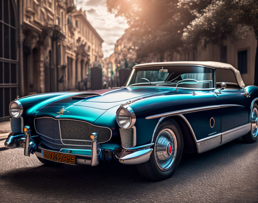 Vintage blue convertible car parked on cobbled street under warm sunlight