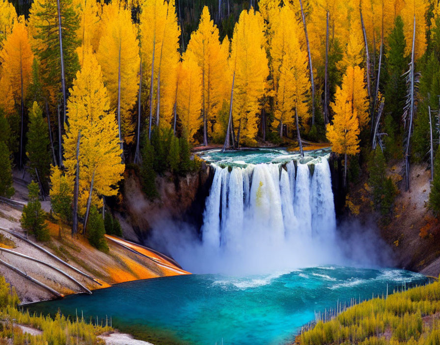 Vibrant yellow trees and waterfall in autumnal scene