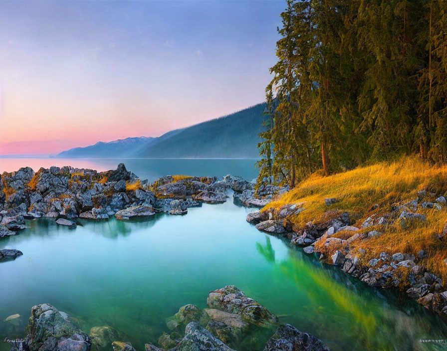 Twilight shoreline with green waters, rocks, and pine forest