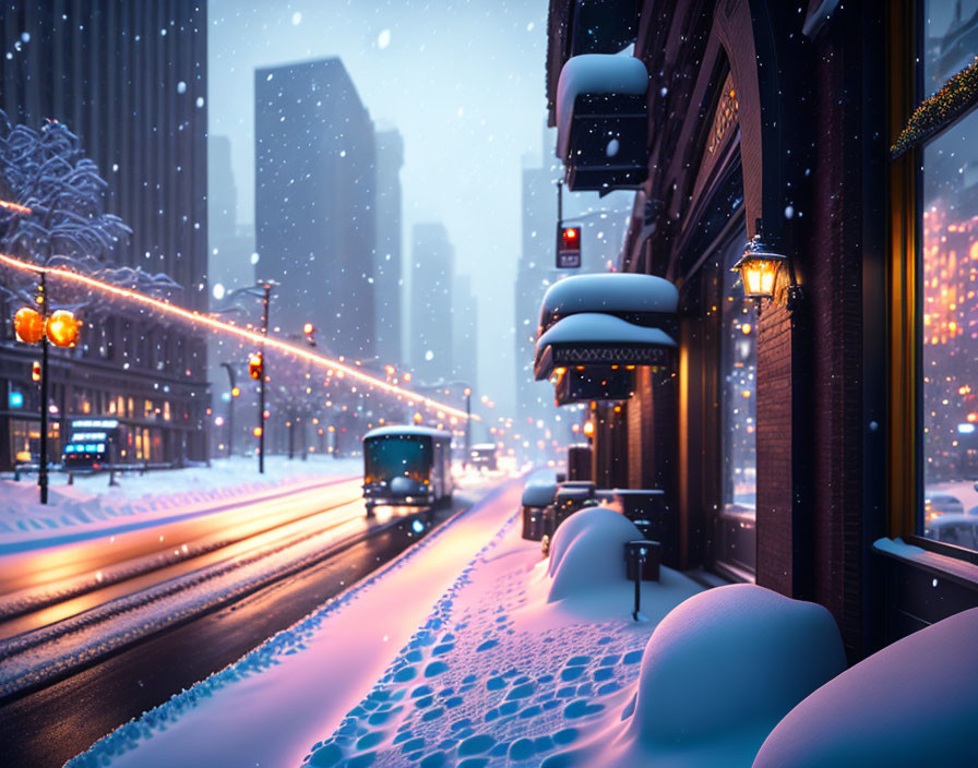 Snowy city street at dusk with warm lights, bus, and footprints.