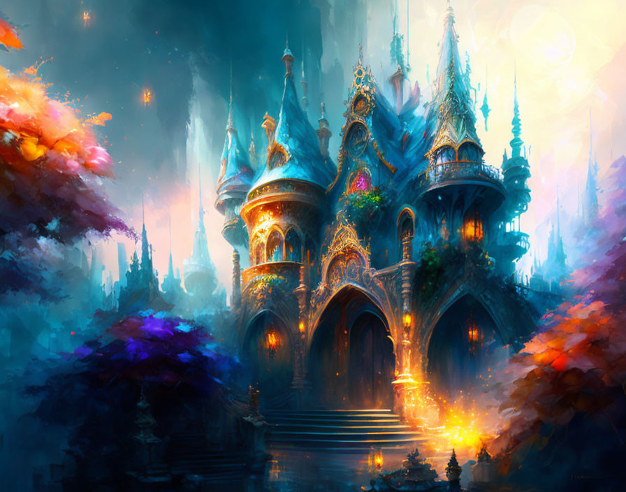 Fantastical castle with vibrant foliage and dreamlike spires