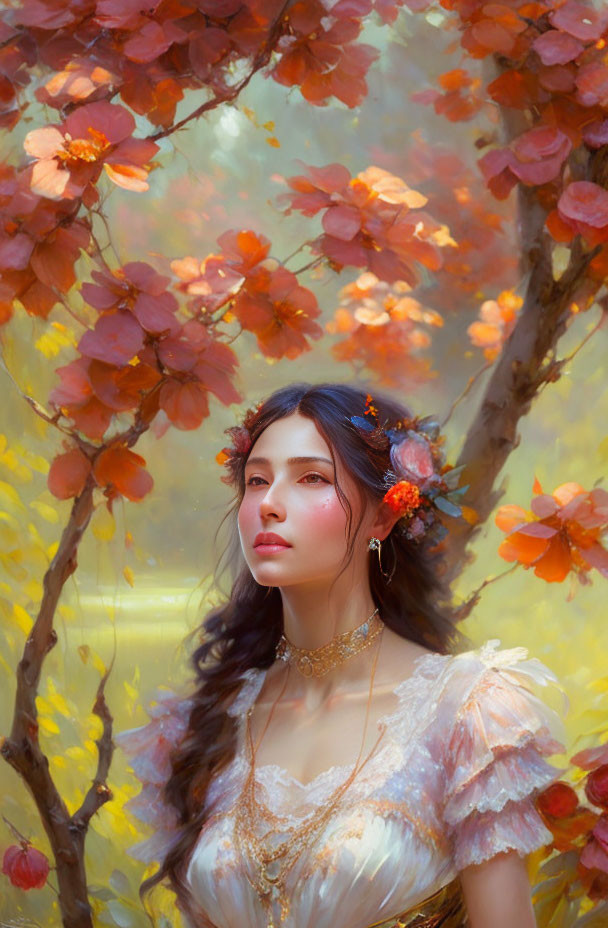 Ethereal woman in white dress with golden jewelry among autumn leaves