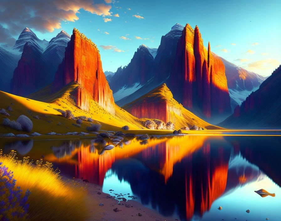 Majestic red mountains mirrored in serene lake at sunrise