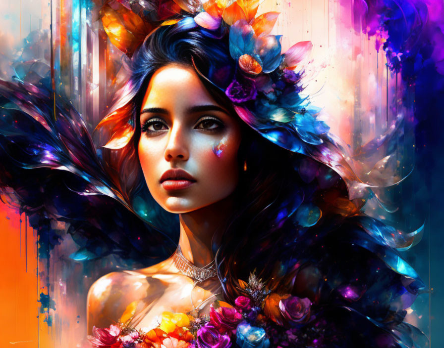 Colorful digital art: Woman with floral headdress in abstract burst.