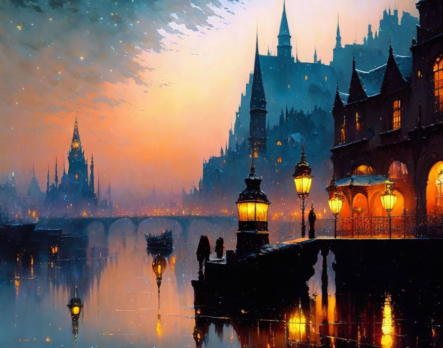 Castle by River: Vibrant Dusk Painting with Silhouetted Couple