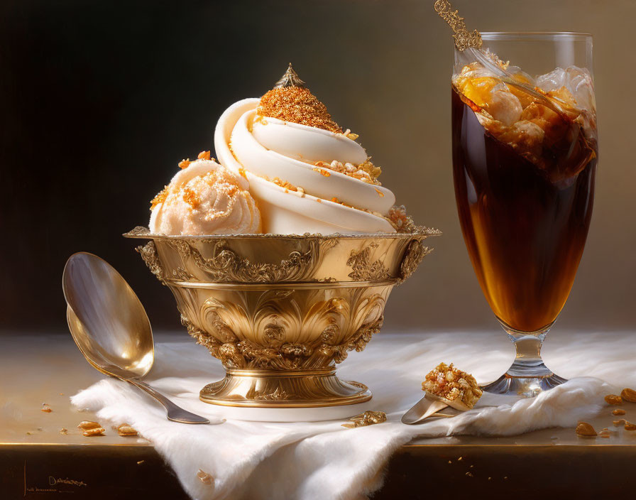 Luxurious ice cream dessert in golden bowl with gold leaf, served with dark fizzy drink