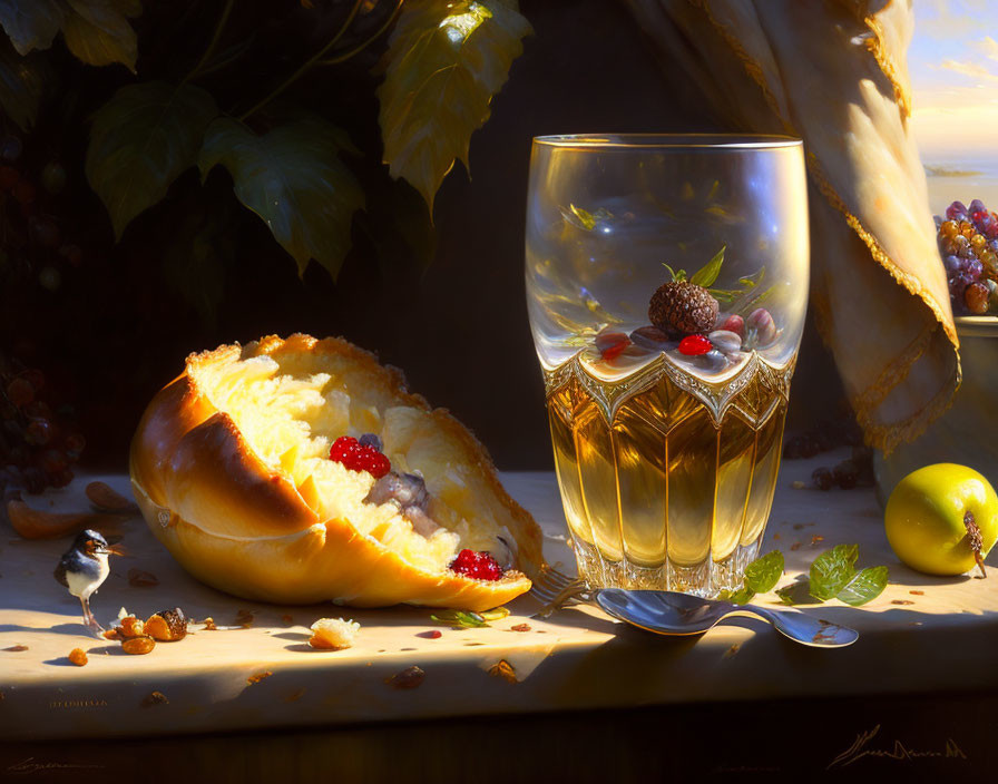 Still life painting with glass, bread, berries, spoon, and bird on table