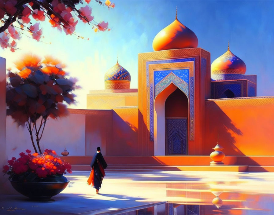 Colorful painting of person walking to ornate domed structures