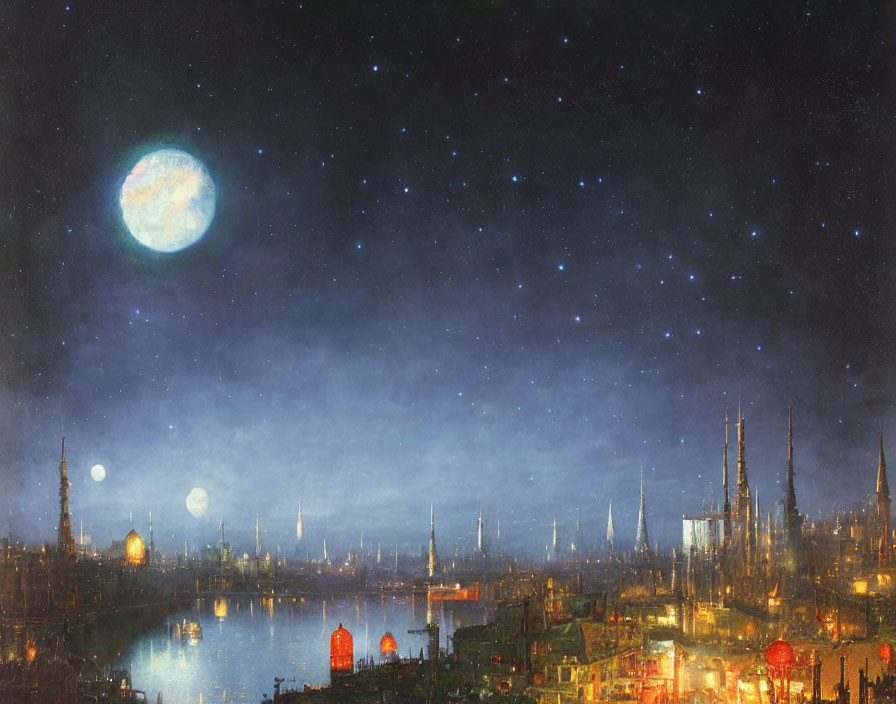 Cityscape at Night: Moonlit Sky, River, & Spires