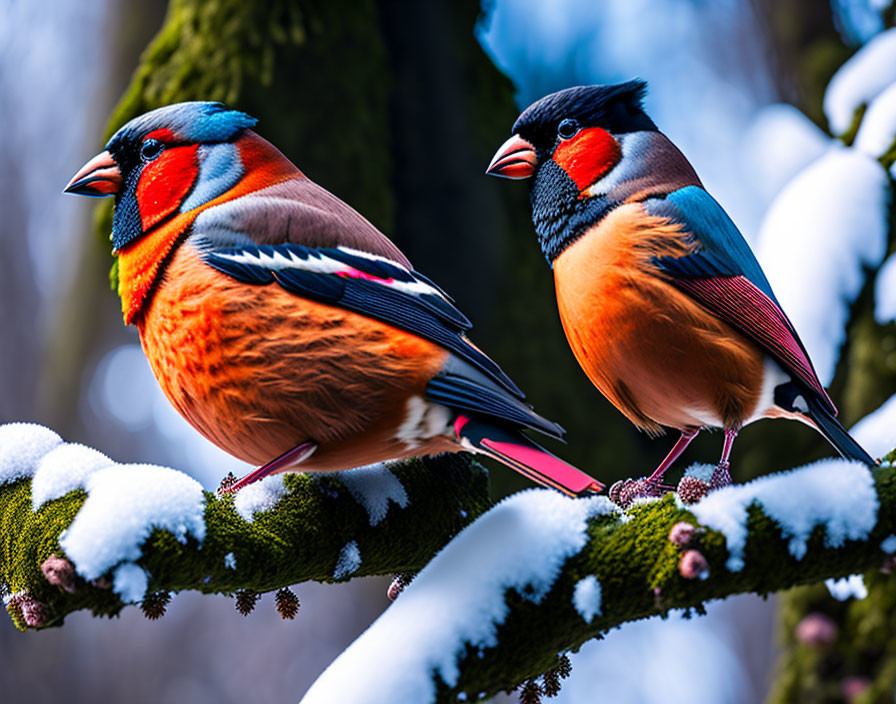 Colorful Eurasian Bullfinches perched on snowy branch