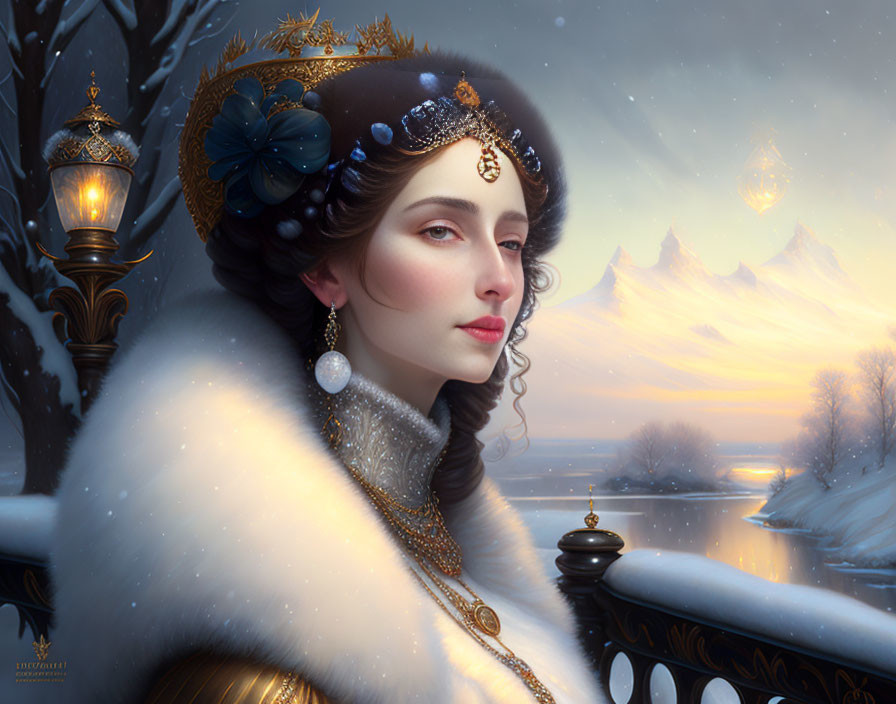 Regal woman in winter landscape with fur-trimmed cloak and elegant jewelry gazes softly by vintage