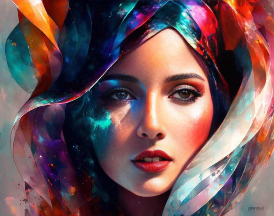 Colorful Cosmic Veil Surrounding Woman's Portrait