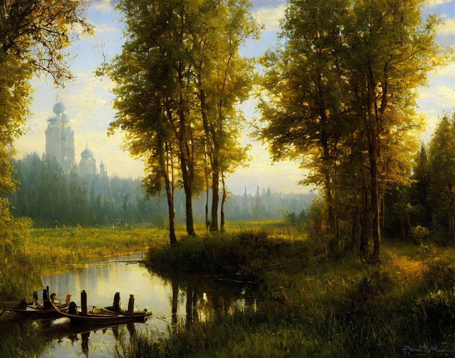 Tranquil forest glade with river, boat, and castle at sunset