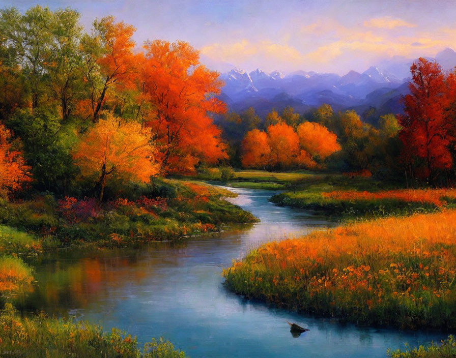 Colorful Autumn Landscape with River and Mountains