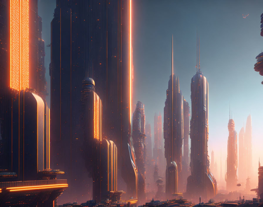 Futuristic cityscape at dusk with towering skyscrapers and mist