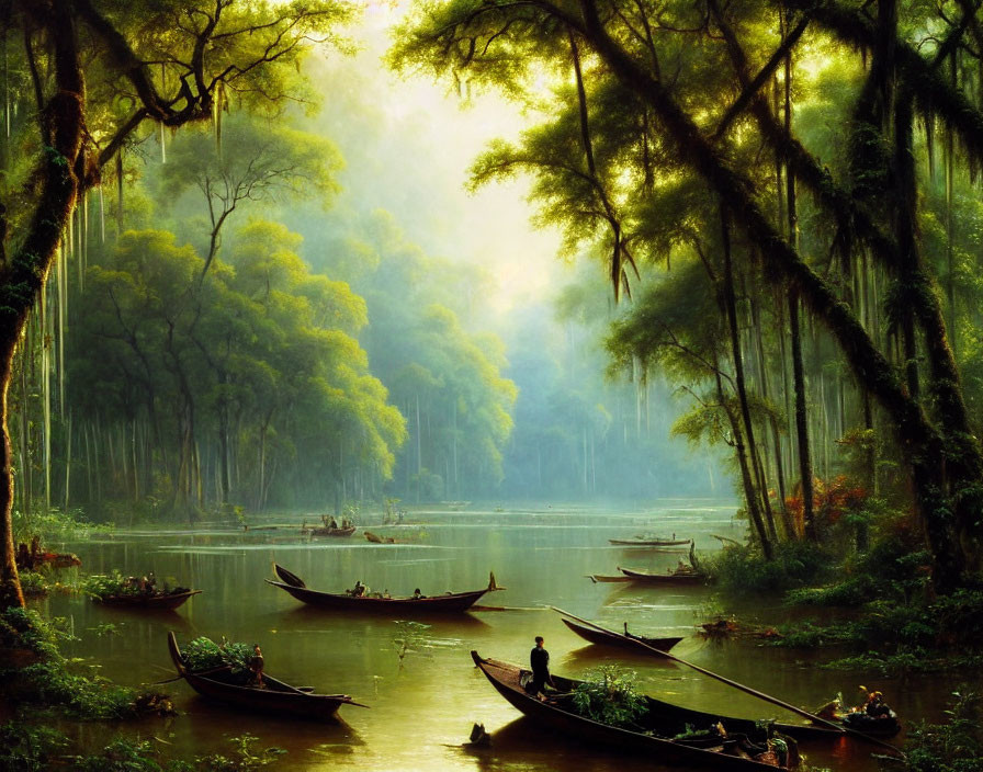 Misty jungle river scene with boats and moss-covered trees