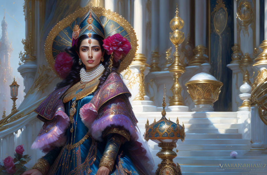 Regal woman in traditional attire with crown and palace decor.