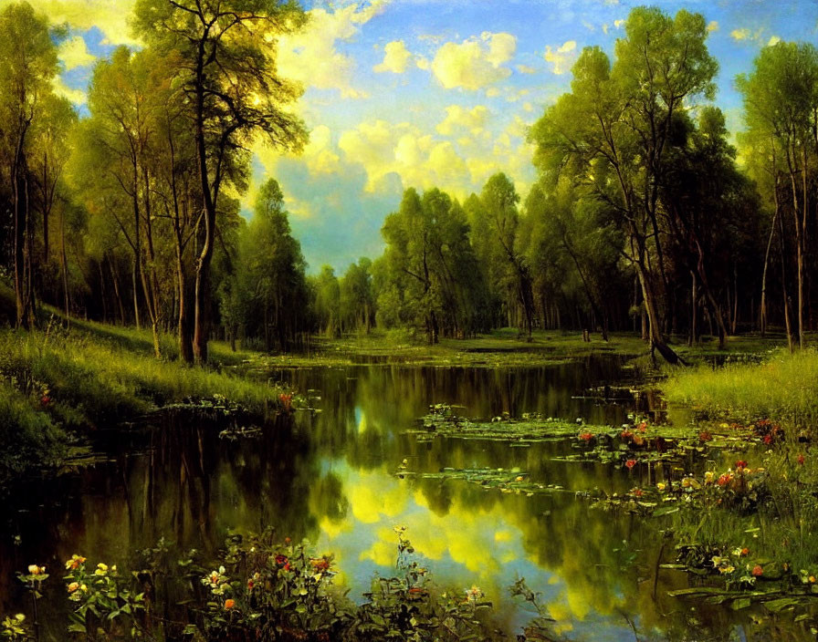 Tranquil landscape: lush forest, serene pond, vibrant flowers