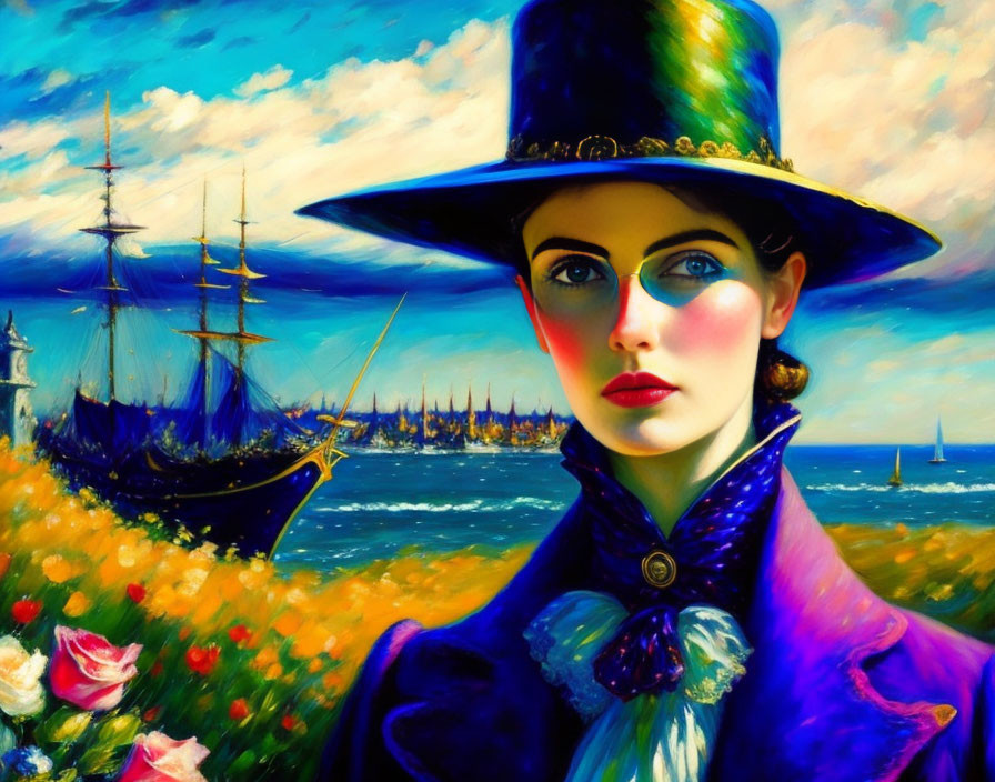 Vibrant seascape painting with woman in top hat and sailing ships