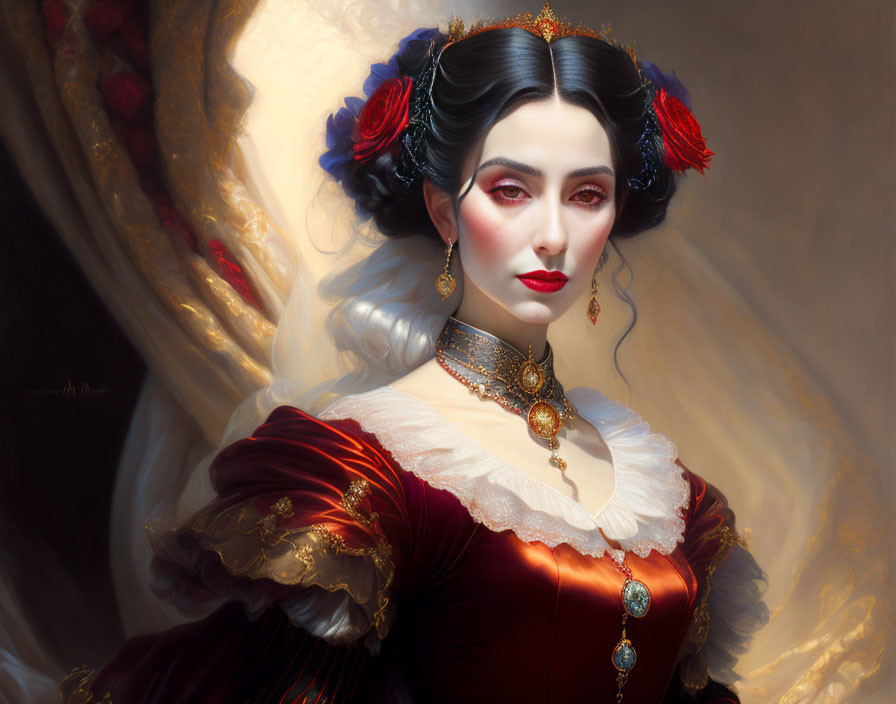 Victorian woman in red gown with gold jewelry and blue roses portrait.