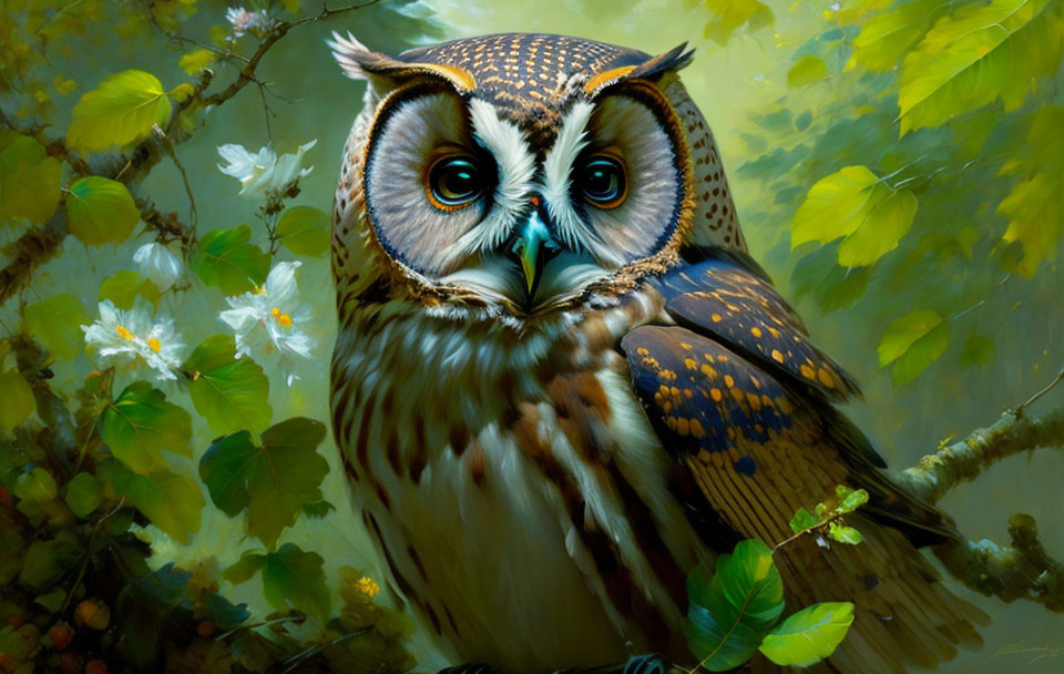 Colorful Owl Artwork Among Green Foliage and White Blossoms