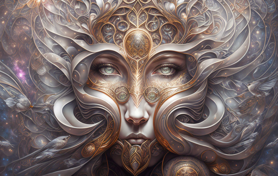 Fantastical female face with ornate metallic adornments on cosmic backdrop