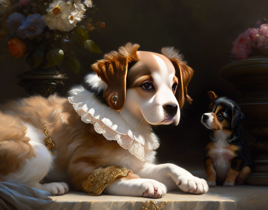 Digital artwork: Two dogs as renaissance nobility with one in ruff, adorned with gold,