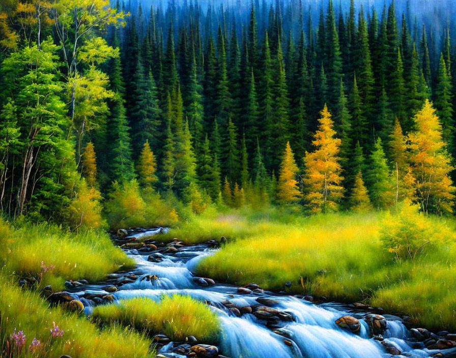 Forest landscape painting with stream and green/golden trees