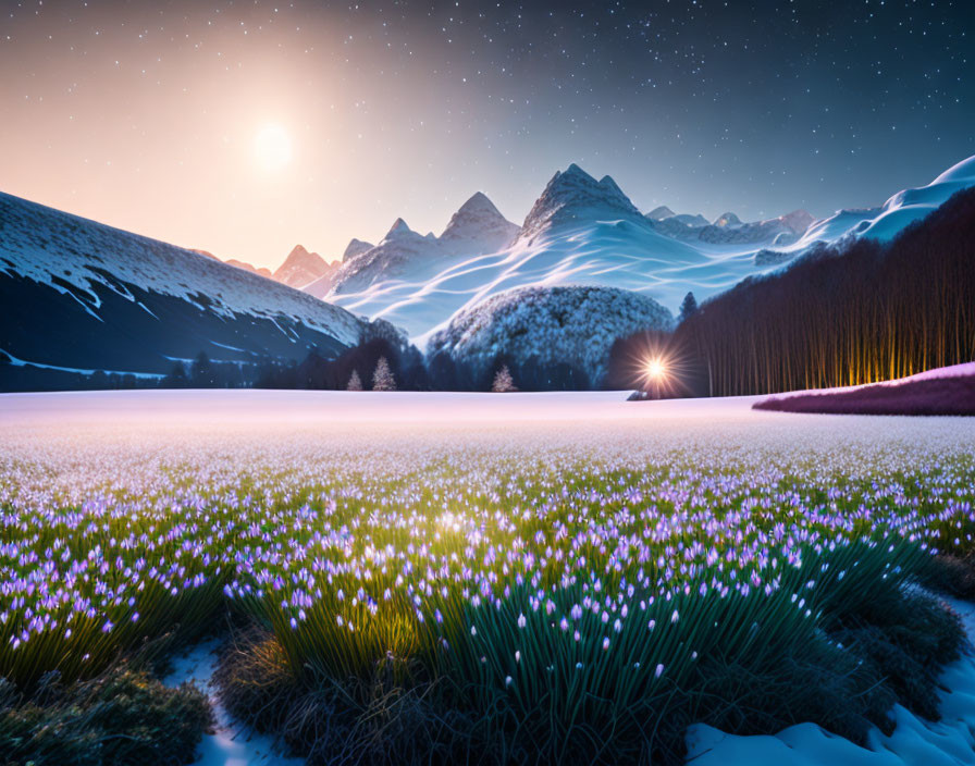 Moonlit Night Landscape with Snowy Mountains, Blooming Crocuses, and Warm Glow