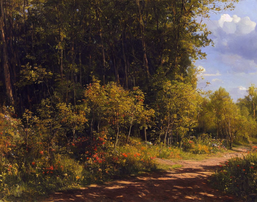 Tranquil forest scene with dirt path, wildflowers, greenery, and tall trees