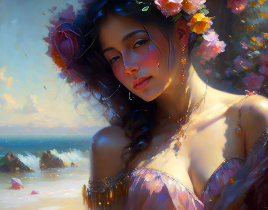 Woman with Flowers in Hair, Tranquil Seascape Background