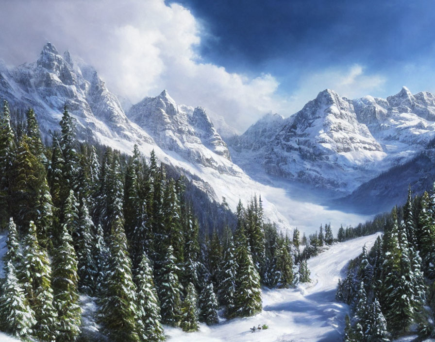 Majestic snow-capped mountains and pine trees in snow.