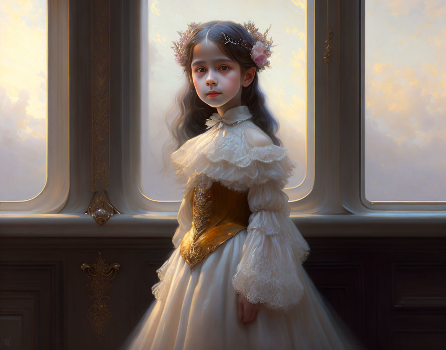 Young girl in white and gold dress with floral headpiece at sunset window