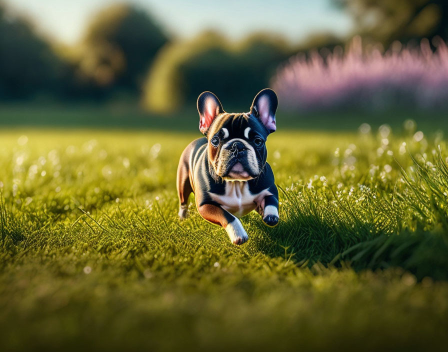 Brindle French Bulldog Puppy Running in Sunlit Grass Field