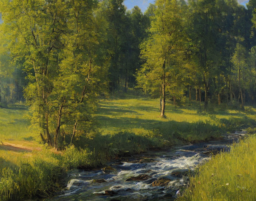 Tranquil landscape with babbling brook, green trees, and sunlit clearing