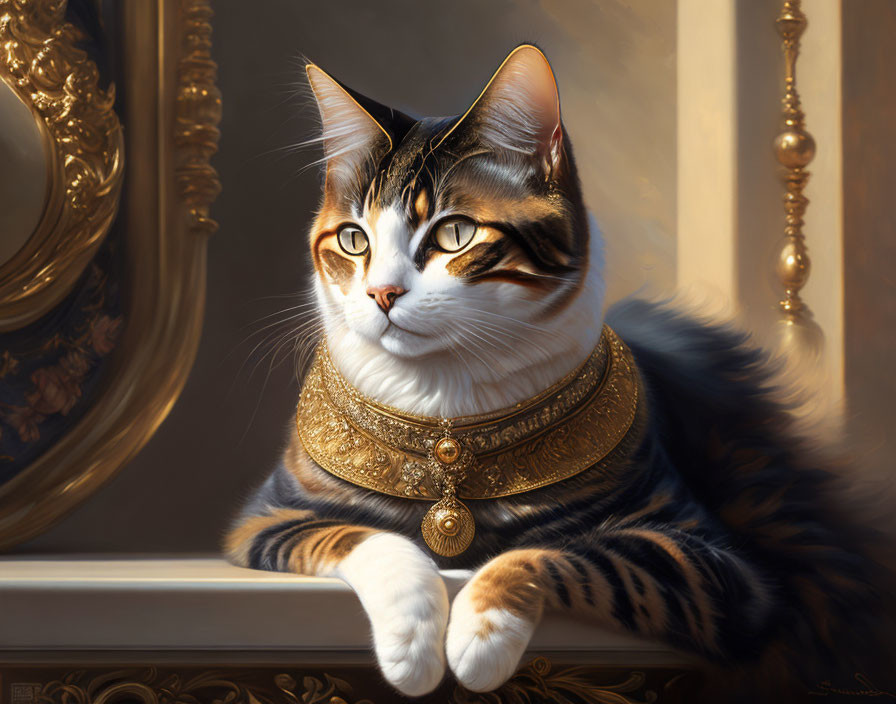 Regal cat with golden headdress and collar near gilded mirror