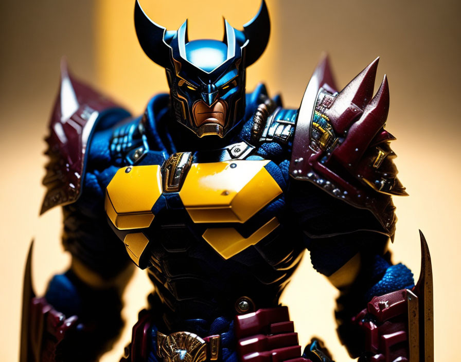 Detailed Blue and Yellow Armored Character Action Figure on Warm Golden Background