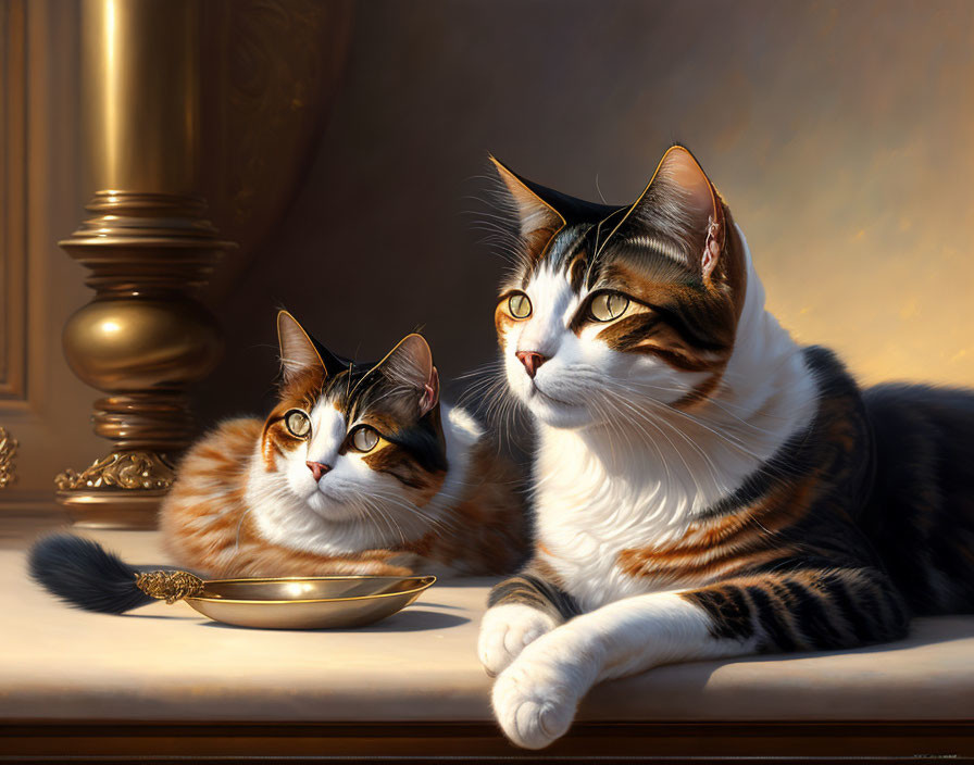 Two striped domestic cats beside a golden bowl, looking left with curiosity.