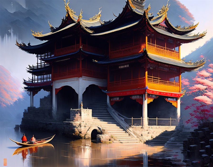 Asian Pagoda by Serene Lake in Misty Mountain Landscape